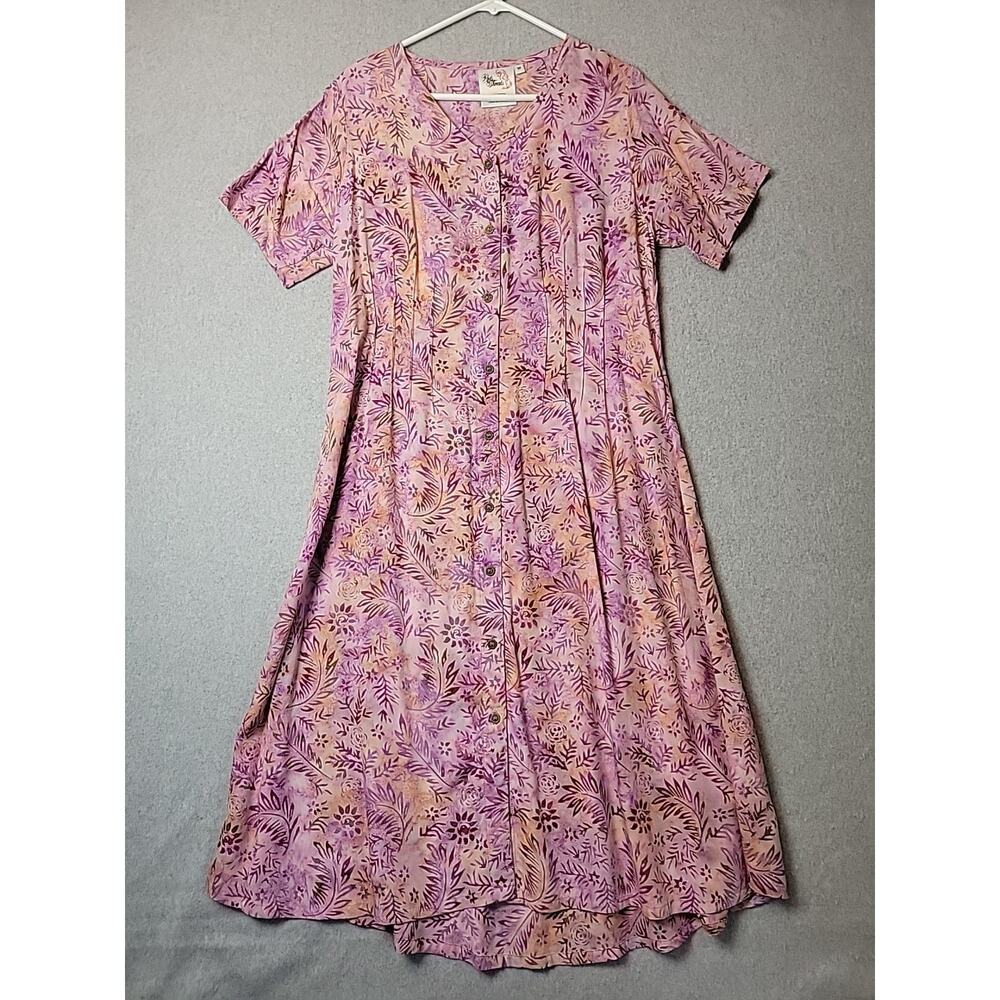 Vtg Red's Threads Pink Floral SS Cottagecore Pleated Button Up Maxi Dress Medium